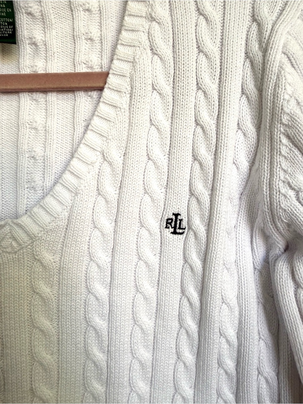 Lauren Ralph Lauren White Cable Knit V-Neck Sweater RL Logo Large - Picture 4 of 10